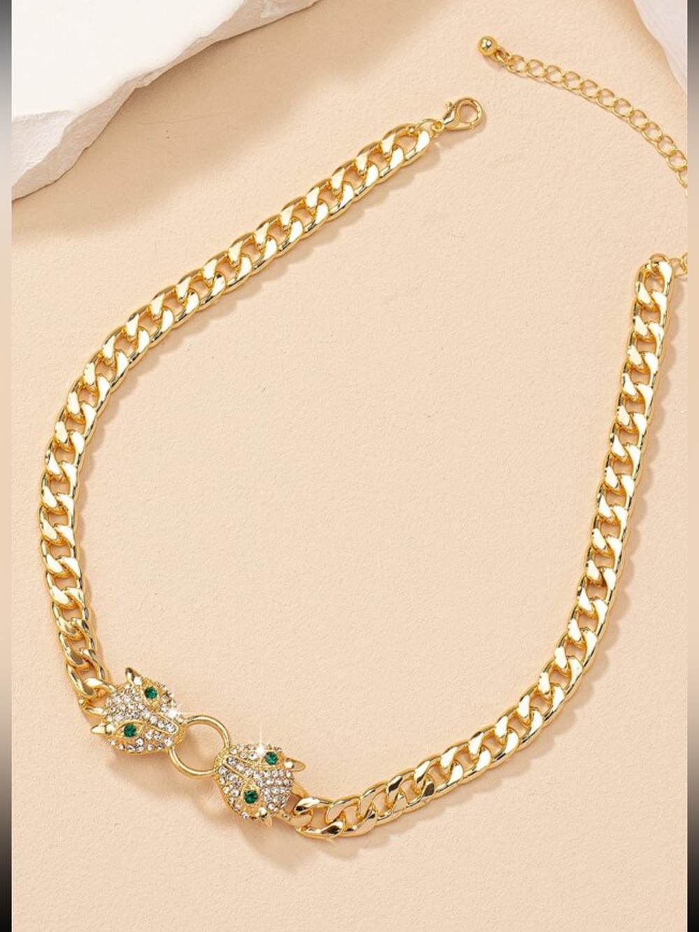 Gold Chain Choker Necklace with Pave Crystal Panther Heads adjustable nwt - Picture 3 of 4
